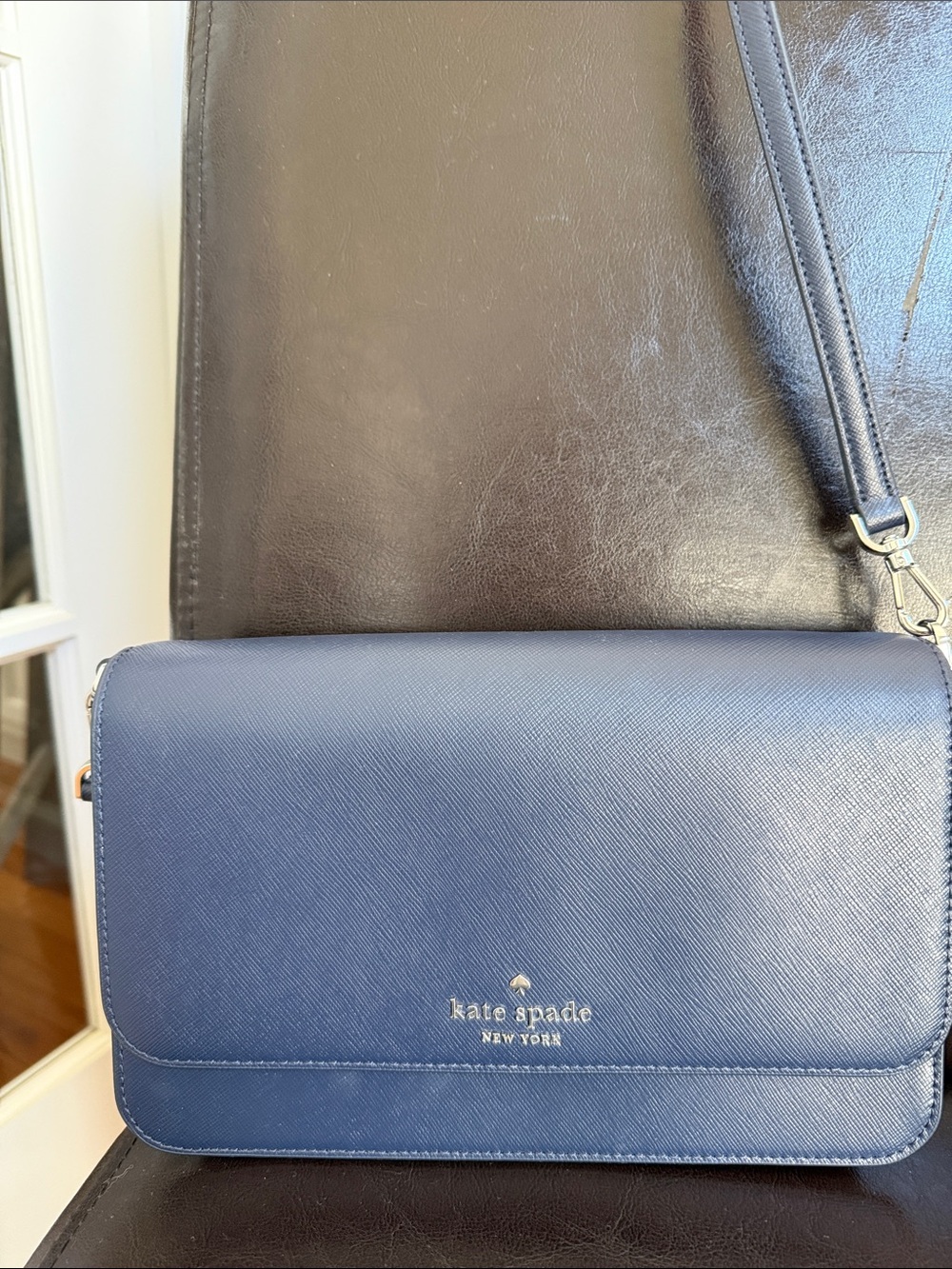 kate spade navy leather crossbody with gold-tone logo
